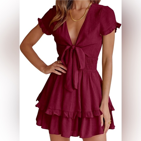 Pretty Garden Tie Front Ruffle Dress Maroon Large - Picture 1 of 8